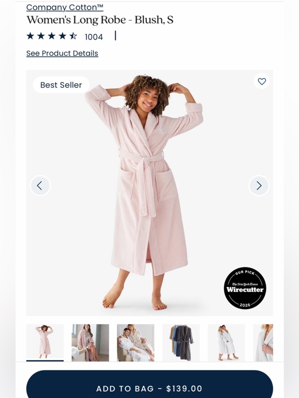 The Company Store 100% Turkish Cotton Women's Long Robe, Blush, Size S, NWT